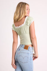 Tira Light Green and White Gingham Tie-Front Top
