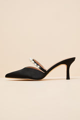Daryll Black Satin Pearl Pointed-Toe Mule Pumps