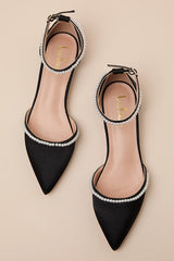 Phoebee Black Satin Pearl Pointed-Toe Ankle Strap Flats