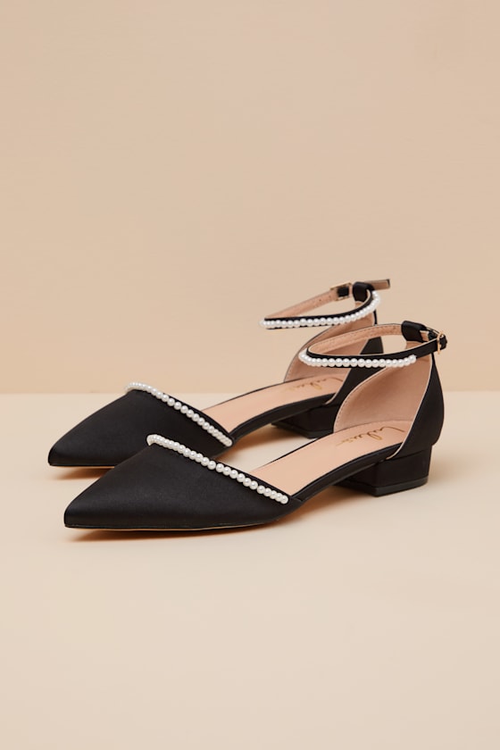 Phoebee Black Satin Pearl Pointed-Toe Ankle Strap Flats