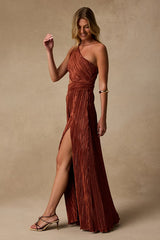 Rocca Rust Plisse Pleated Cutout One-Shoulder Maxi Dress