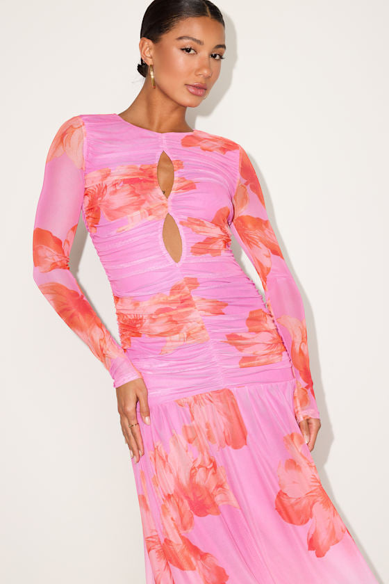 Alexius Pink Floral Mesh Cutout Long Sleeve Maxi Dress
