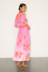 Alexius Pink Floral Mesh Cutout Long Sleeve Maxi Dress