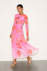 Alexius Pink Floral Mesh Cutout Long Sleeve Maxi Dress