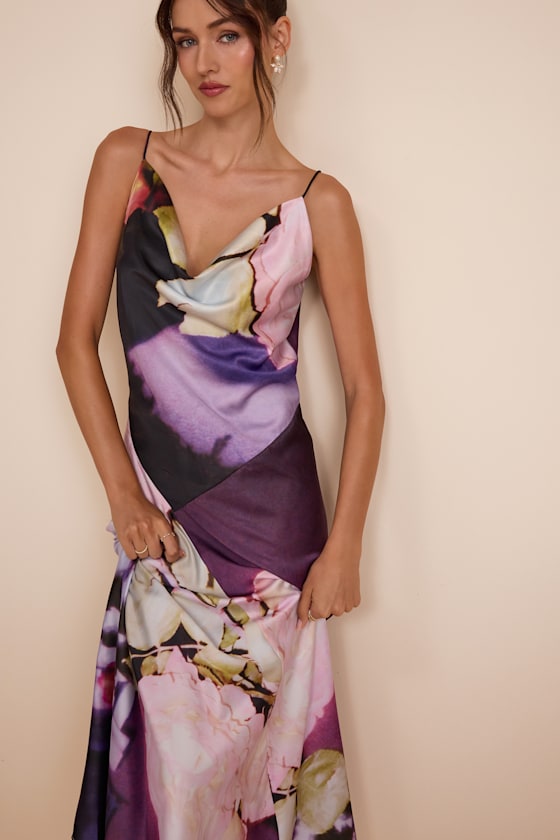 Ellie Purple Multi Floral Satin Cowl Neck Maxi Dress