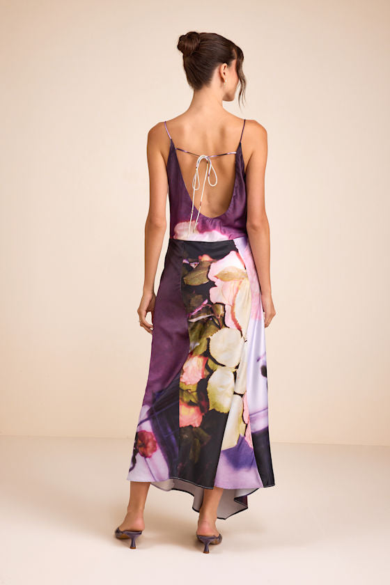 Ellie Purple Multi Floral Satin Cowl Neck Maxi Dress