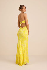 Shimmering Icon Yellow Sequin Lace-Up Strapless Maxi Dress