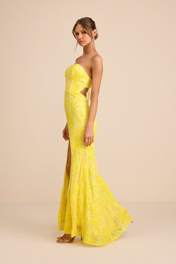 Shimmering Icon Yellow Sequin Lace-Up Strapless Maxi Dress