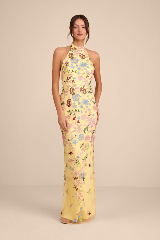 Infinite Praise Yellow 3D Floral Embroidered Halter Maxi Dress