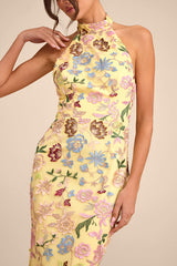 Infinite Praise Yellow 3D Floral Embroidered Halter Maxi Dress