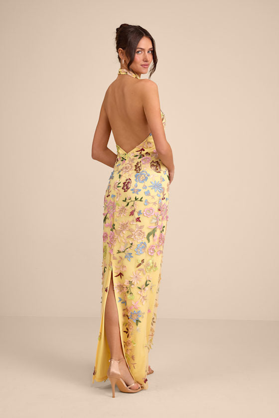 Infinite Praise Yellow 3D Floral Embroidered Halter Maxi Dress