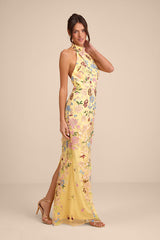 Infinite Praise Yellow 3D Floral Embroidered Halter Maxi Dress