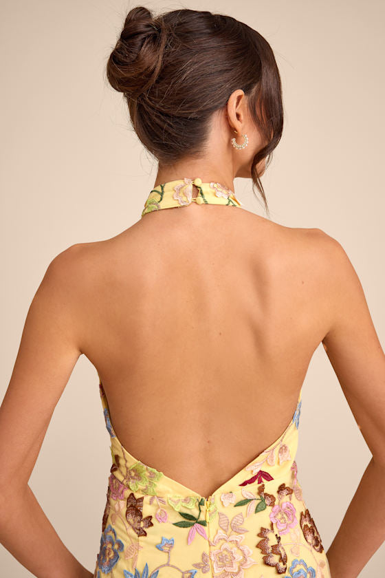 Infinite Praise Yellow 3D Floral Embroidered Halter Maxi Dress