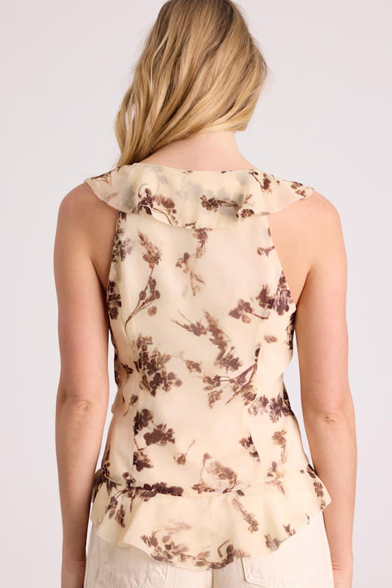 Ivanna Cream Floral Ruffled Tie-Front Tank Top
