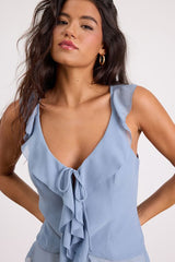 Ivanna Slate Blue Ruffled Tie-Front Tank Top