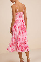 Francette Pink Floral Satin Pleated Midi Dress