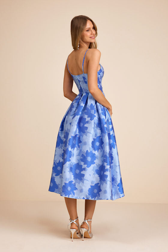 Vivinna Blue Floral Jacquard Pleated Midi Dress