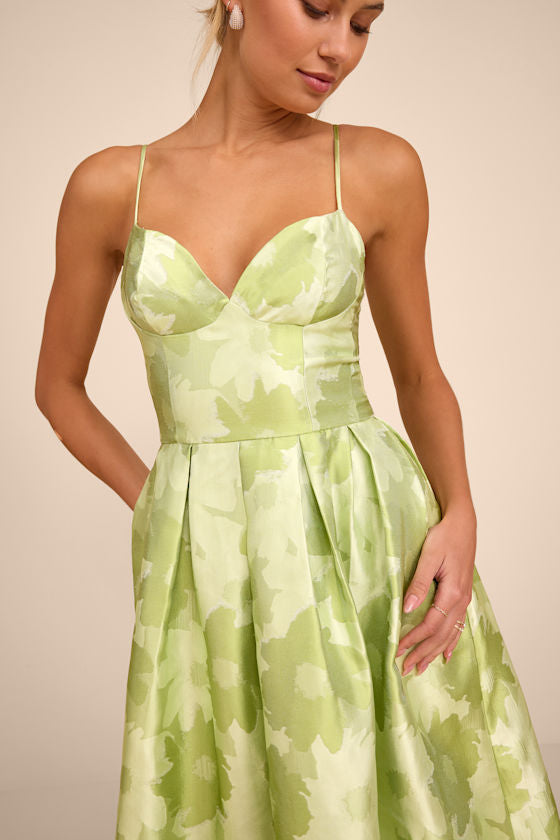 Vivinna Lime Green Floral Jacquard Pleated Midi Dress
