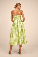 Vivinna Lime Green Floral Jacquard Pleated Midi Dress