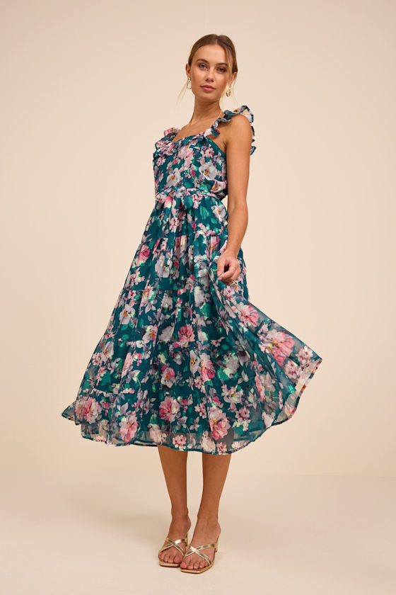 Shela Teal Floral Jacquard Tiered Midi Dress