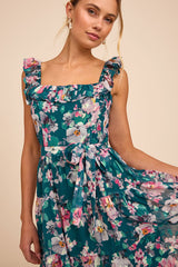 Shela Teal Floral Jacquard Tiered Midi Dress
