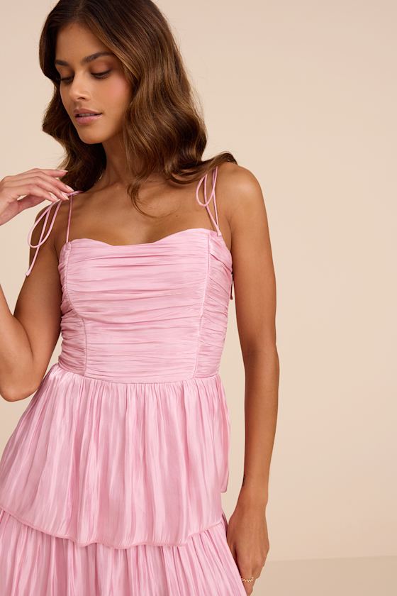 Tennon Light Pink Plisse Tiered Midi Dress
