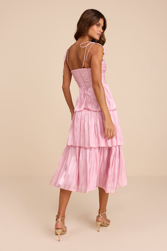 Tennon Light Pink Plisse Tiered Midi Dress