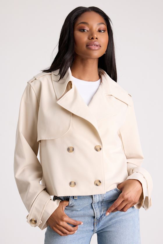 Donley Light Beige Double-Breasted Cropped Trench Coat