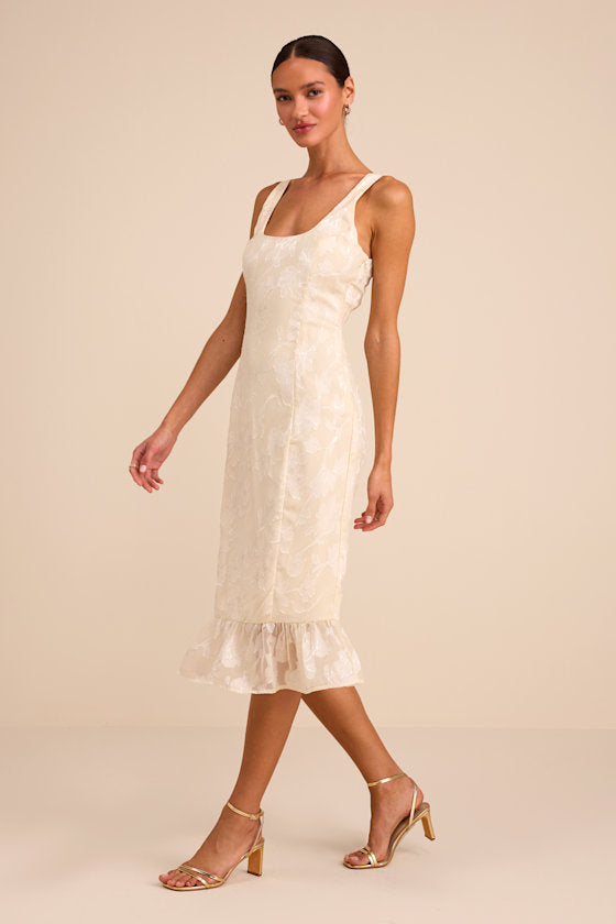 Elani Ivory Floral Burnout Trumpet Midi Dress