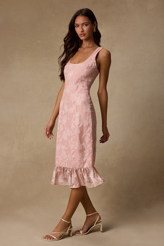 Elani Blush Pink Floral Burnout Trumpet Midi Dress