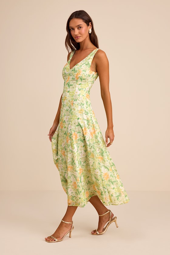 Your Only Darling Green Floral Print Sleeveless Midi Dress