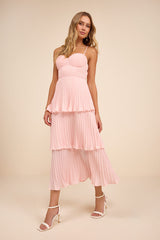 Cascading Crush Blush Pink Tiered Bustier Midi Dress