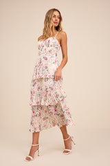 Cascading Crush Ivory Floral Print Tiered Bustier Midi Dress