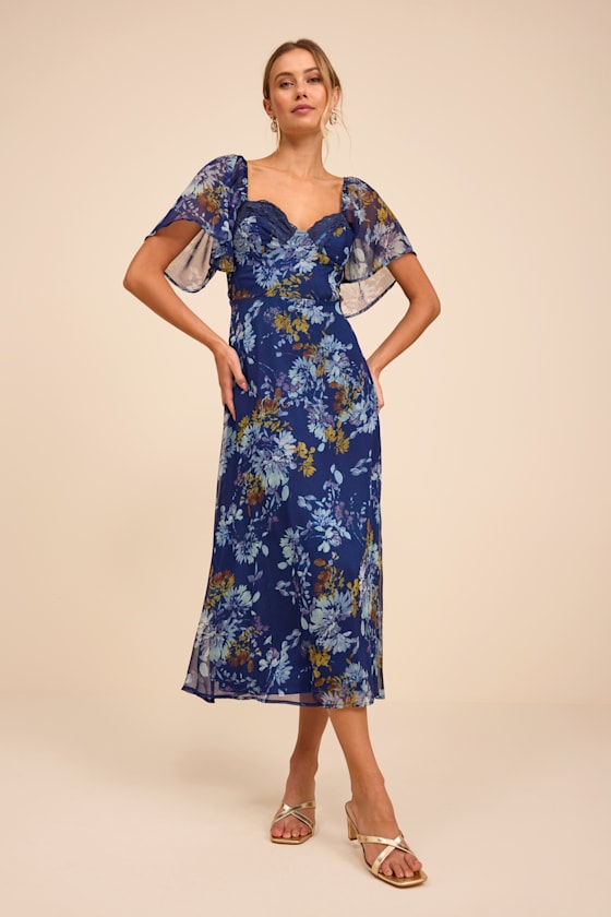Valla Navy Blue Floral Flutter Sleeve Midi Dress
