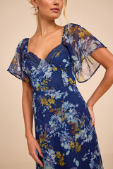 Valla Navy Blue Floral Flutter Sleeve Midi Dress