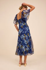 Valla Navy Blue Floral Flutter Sleeve Midi Dress