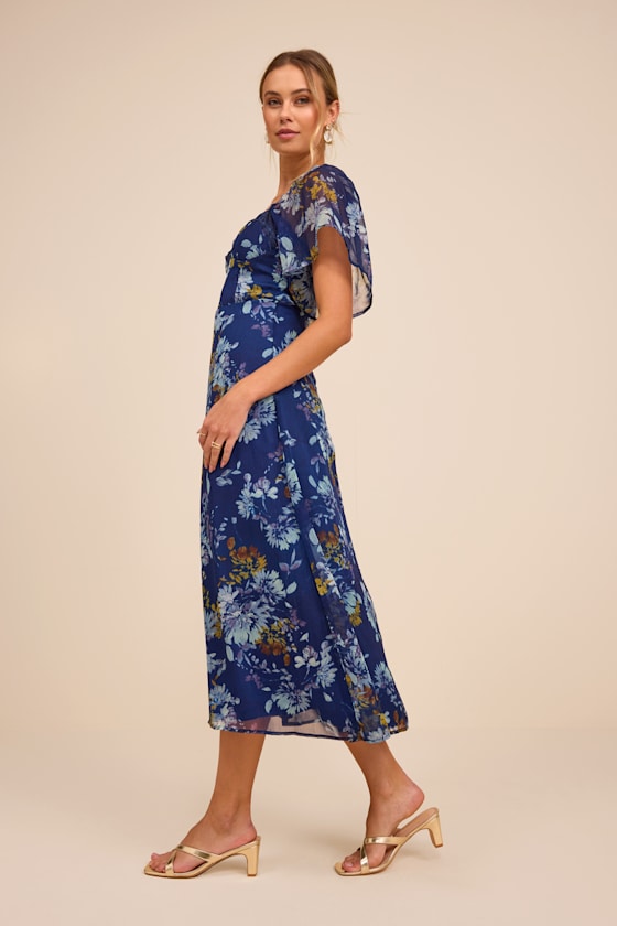 Valla Navy Blue Floral Flutter Sleeve Midi Dress