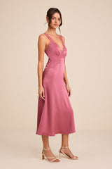 Alayah Dusty Rose Satin Lace Tie-Back Midi Dress