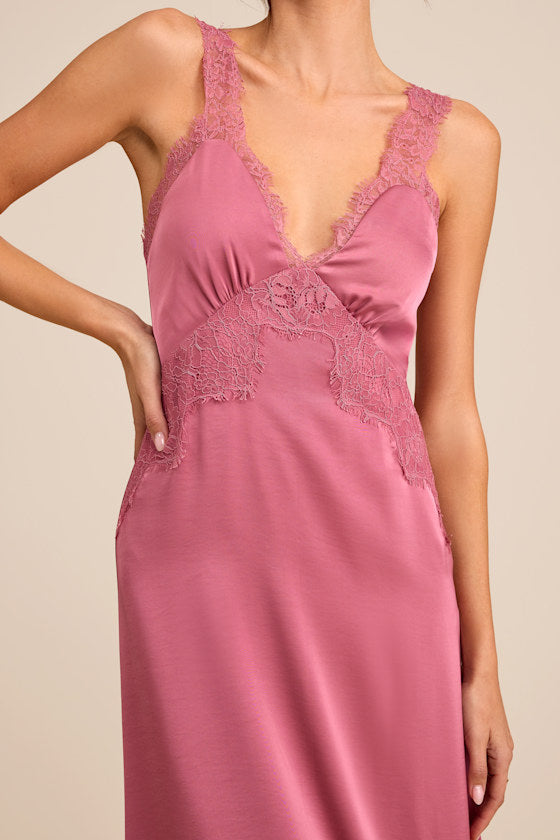 Alayah Dusty Rose Satin Lace Tie-Back Midi Dress