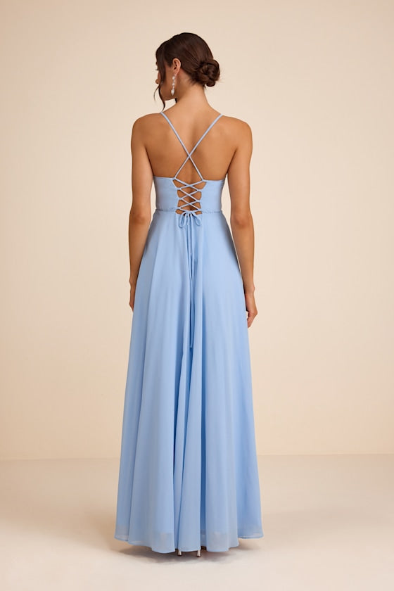 Romantically Speaking Powder Blue Cowl Lace-Up Maxi Dress