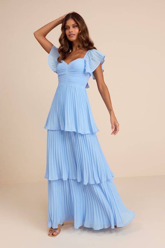 Notorious Charm Light Blue Pleated Flutter Sleeve Maxi Dress
