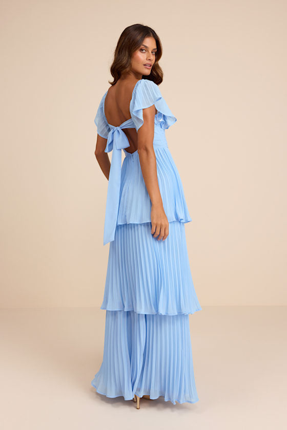 Notorious Charm Light Blue Pleated Flutter Sleeve Maxi Dress