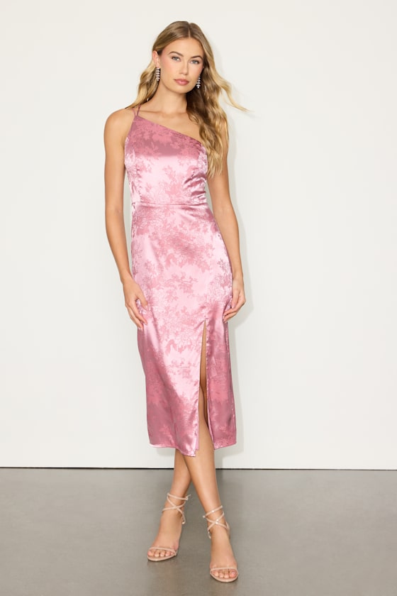 Desirable Dream Pink Satin Jacquard Halter Neck Midi Dress