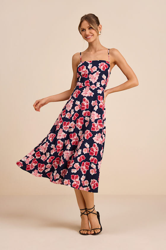 Radiant Feelings Navy and Pink Floral Chiffon Midi Dress
