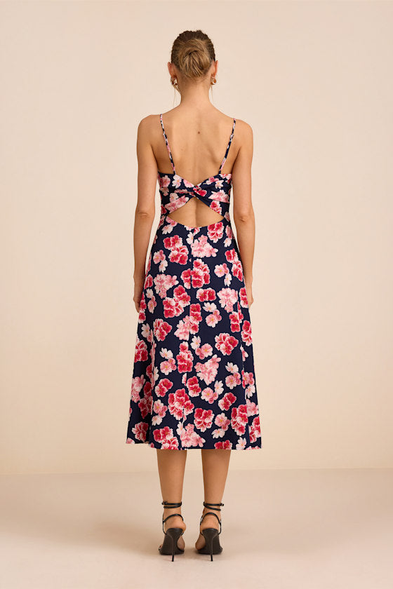 Radiant Feelings Navy and Pink Floral Chiffon Midi Dress