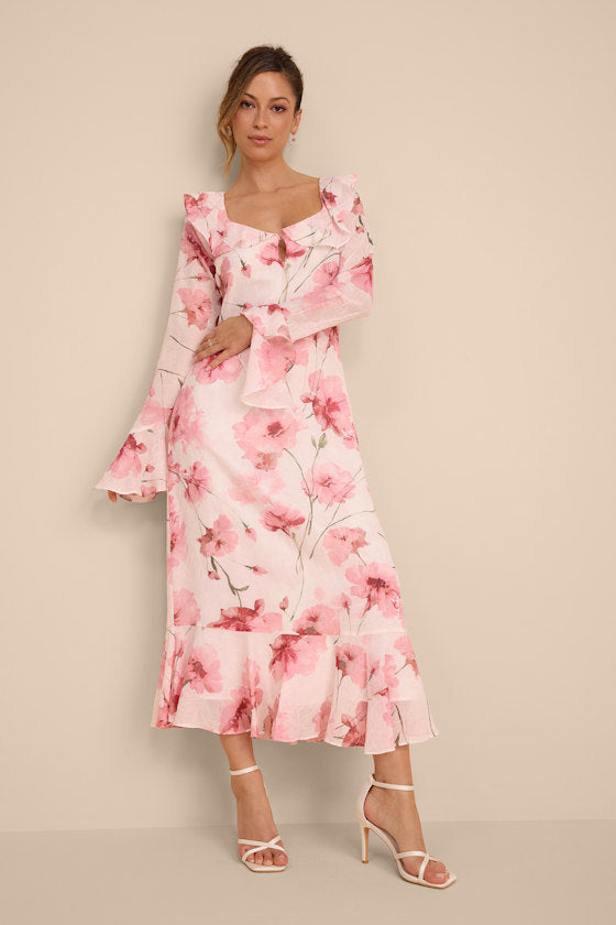 Rylia Ivory and Pink Floral Ruffled Midi Dress
