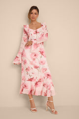 Rylia Ivory and Pink Floral Ruffled Midi Dress