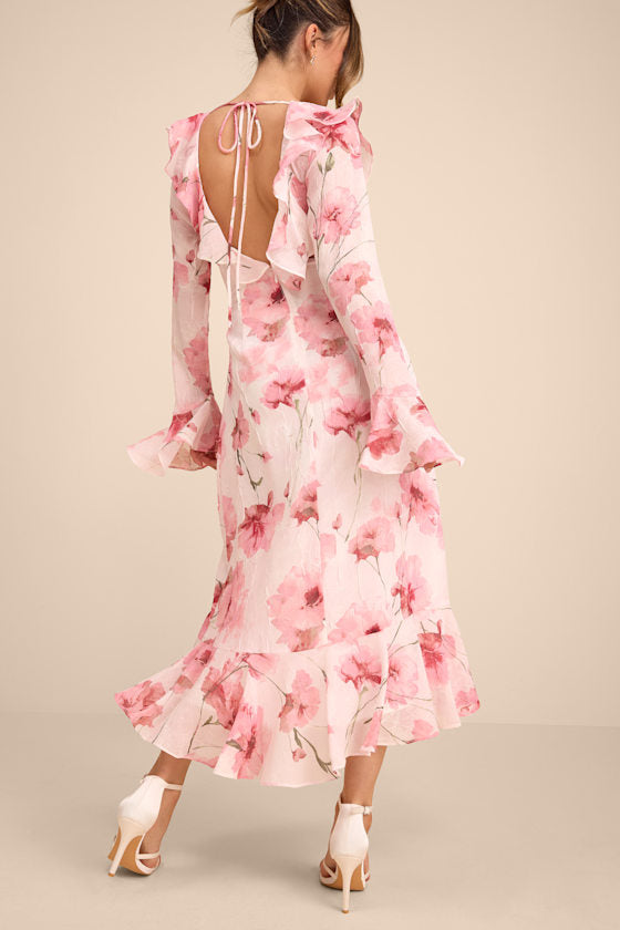 Rylia Ivory and Pink Floral Ruffled Midi Dress