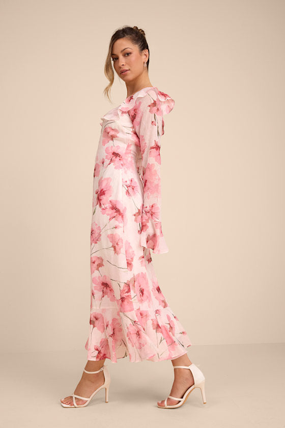 Rylia Ivory and Pink Floral Ruffled Midi Dress