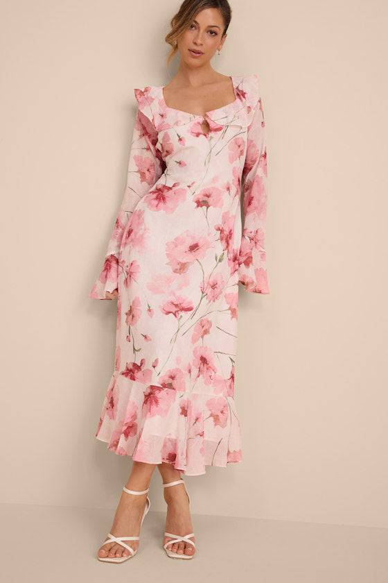 Rylia Ivory and Pink Floral Ruffled Midi Dress